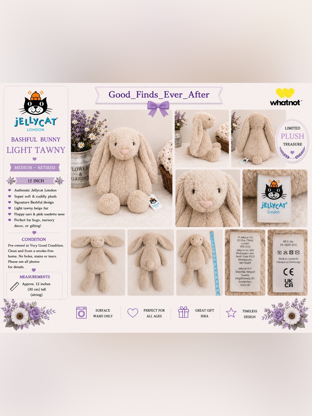 Jellycat London Bashful Bunny Light Tawny Beige Tan Plush Medium 12"